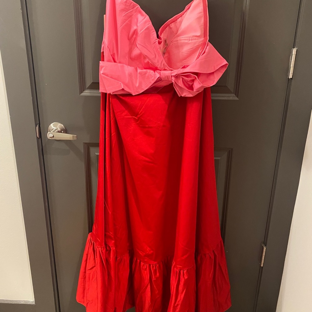 Anthropologie Strapless Red Dress with Pink Bow